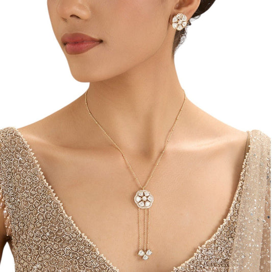 Stunning Gold - Plated Kundan Floral Necklace Set with Stud Kundan Earrings – Simple Ethnic Jewelry - Auraa Trends - necklace -  - Auraa Trends - Gold - plated kundan minimalist necklace with floral pendant and double drop chains, complemented by matching flower - shaped stud earrings – perfect for festive and formal events.