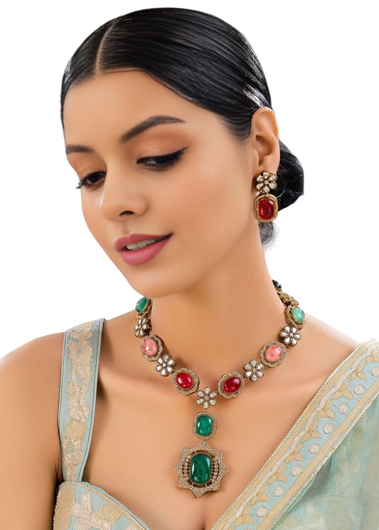 Stunning Kundan Polki Necklace Set of Colored Stones Moissanite Jewelry - Auraa Trends - Necklace Set - Stunning Kundan Polki