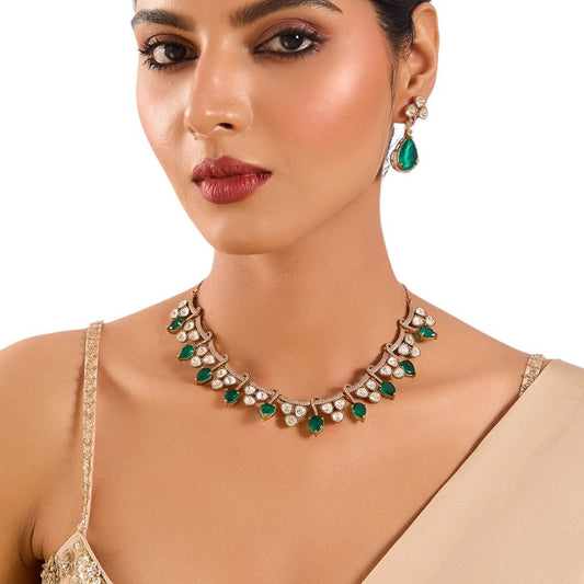 Stylish Emerald and CZ Stone Women's Necklace &amp; Earring Set - Auraa Trends - Choker - Stylish Emerald and Stone Necklace