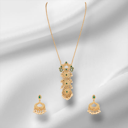 Temple Gold - Plated Vintage Necklace Set with Green Stone Details - Auraa Trends - Pendant - # - Auraa Trends - Temple Gold - Plated Vintage Necklace Set with Green Stone Details