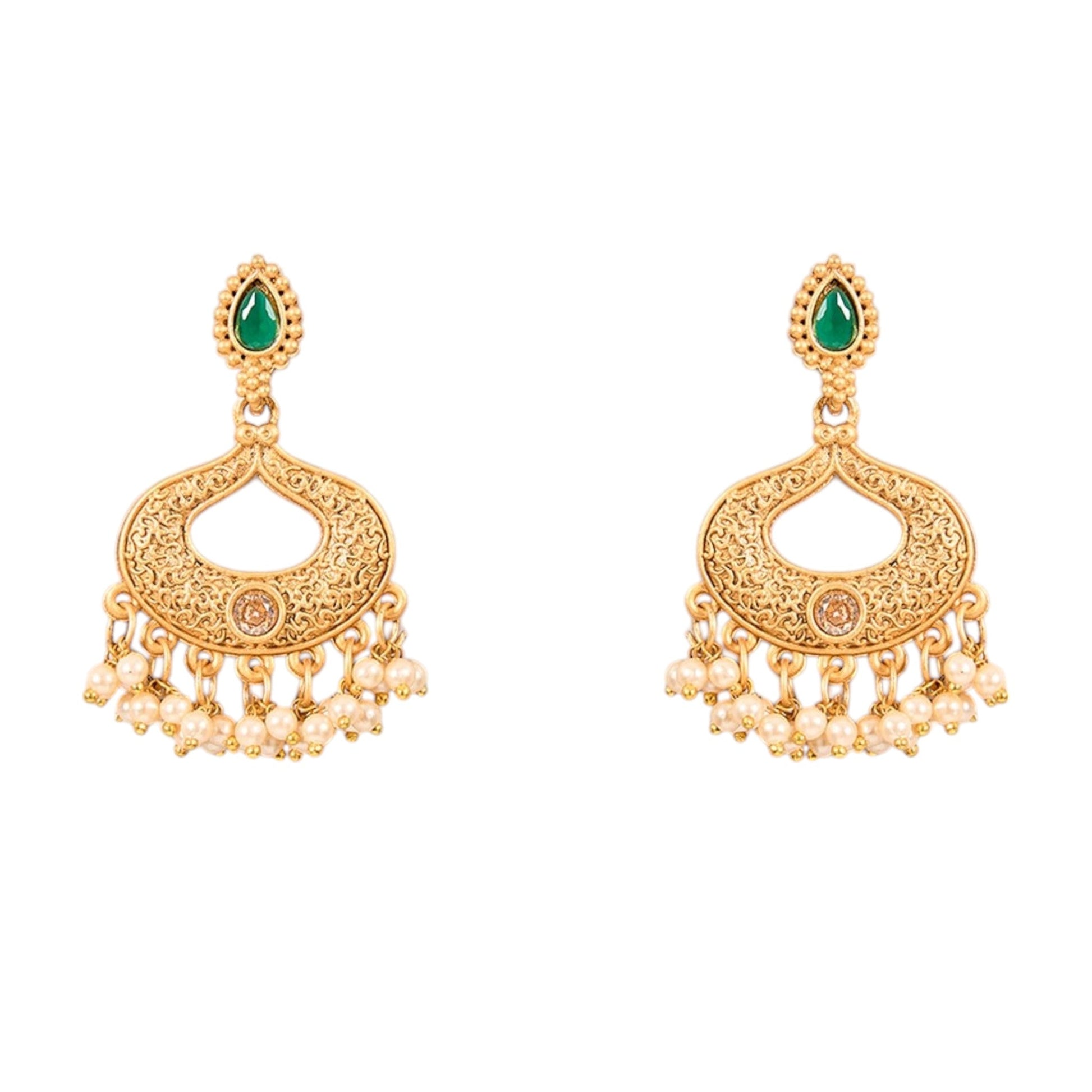 Temple Gold - Plated Vintage Necklace Set with Green Stone Details - Auraa Trends - Pendant - # - Auraa Trends - Temple Gold - Plated Vintage Necklace Set with Green Stone Details