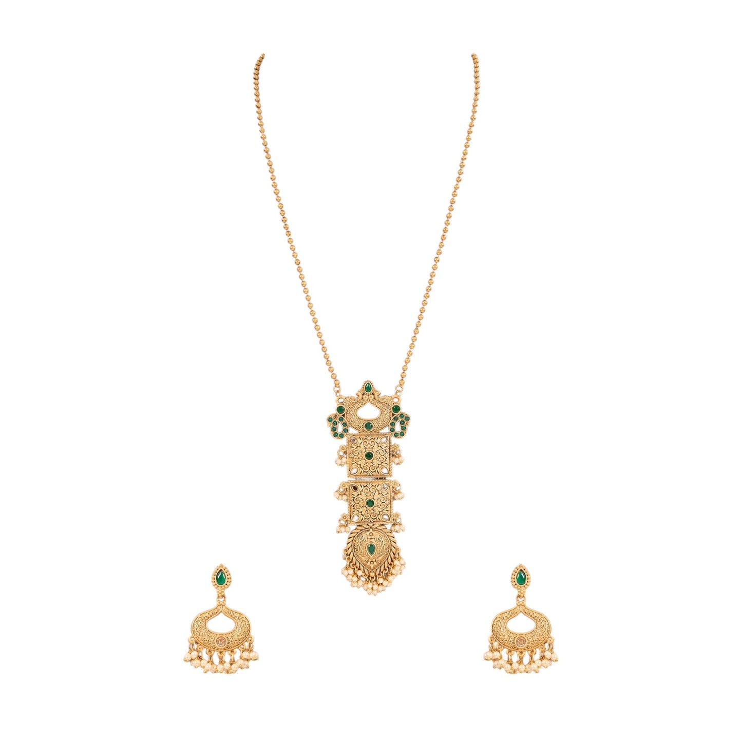 Temple Gold - Plated Vintage Necklace Set with Green Stone Details - Auraa Trends - Pendant - # - Auraa Trends - Temple Gold - Plated Vintage Necklace Set with Green Stone Details