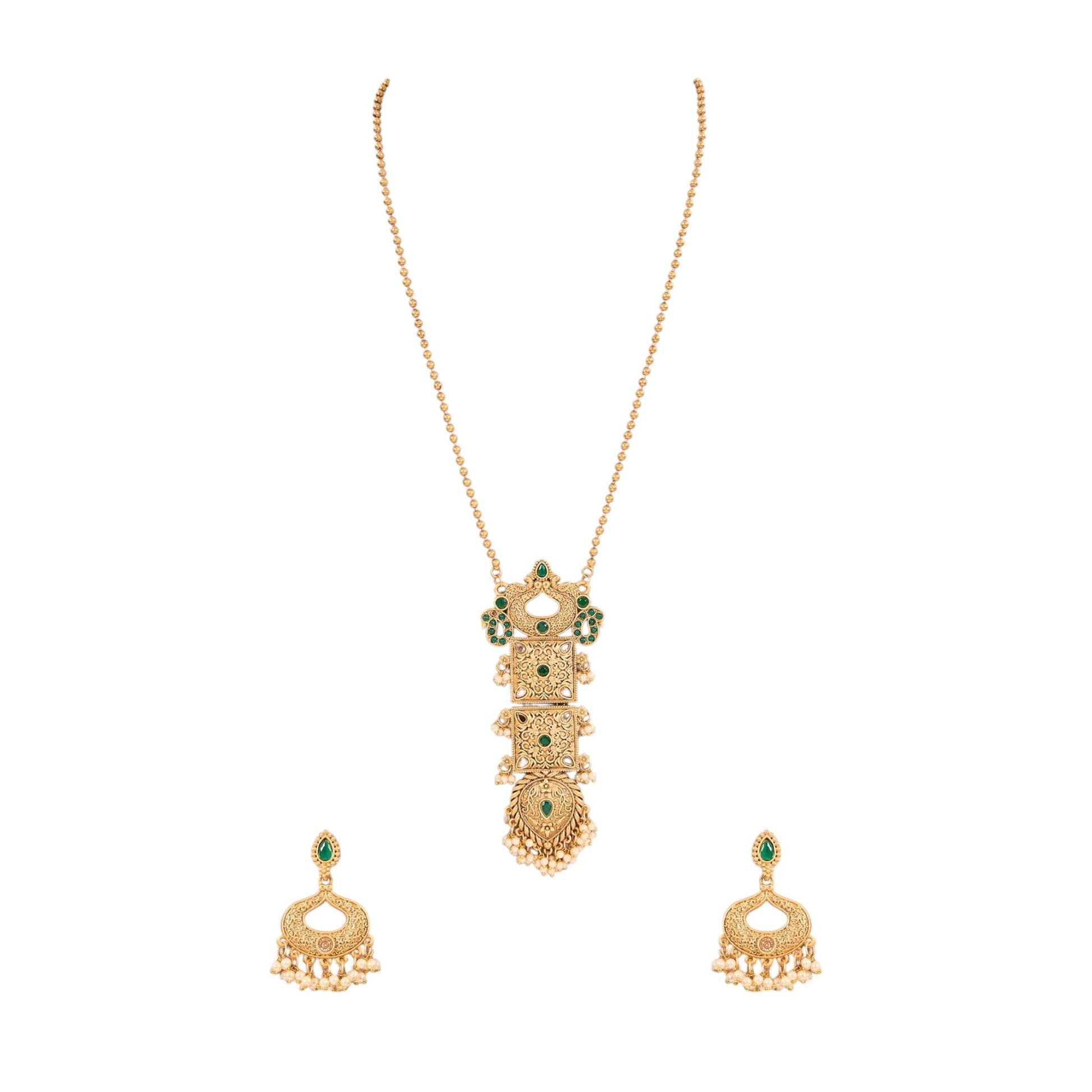 Temple Gold - Plated Vintage Necklace Set with Green Stone Details - Auraa Trends - Pendant - # - Auraa Trends - Temple Gold - Plated Vintage Necklace Set with Green Stone Details