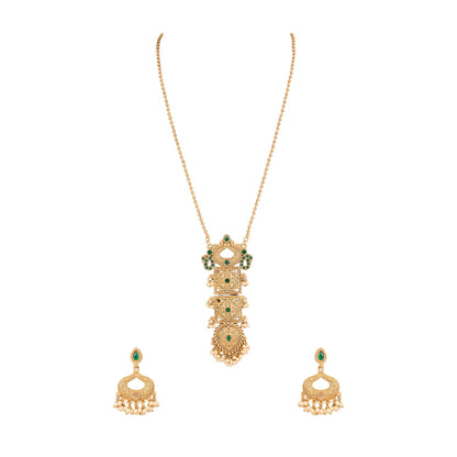 Temple Gold - Plated Vintage Necklace Set with Green Stone Details - Auraa Trends - Pendant - # - Auraa Trends - Temple Gold - Plated Vintage Necklace Set with Green Stone Details