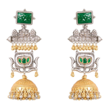 Temple - Inspired Dual Plated Long Jhumka Earrings with Green Stone & Pearl Beads - Auraa Trends - Earrings -  - Auraa Trends - Temple - inspired dual - plated long jhumka earrings with green carved stones, golden dome base, and pearl - bead embellishments