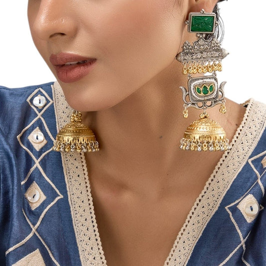 Temple - Inspired Dual Plated Long Jhumka Earrings with Green Stone & Pearl Beads - Auraa Trends - Earrings -  - Auraa Trends - Temple - inspired dual - plated long jhumka earrings with green carved stones, golden dome base, and pearl - bead embellishments