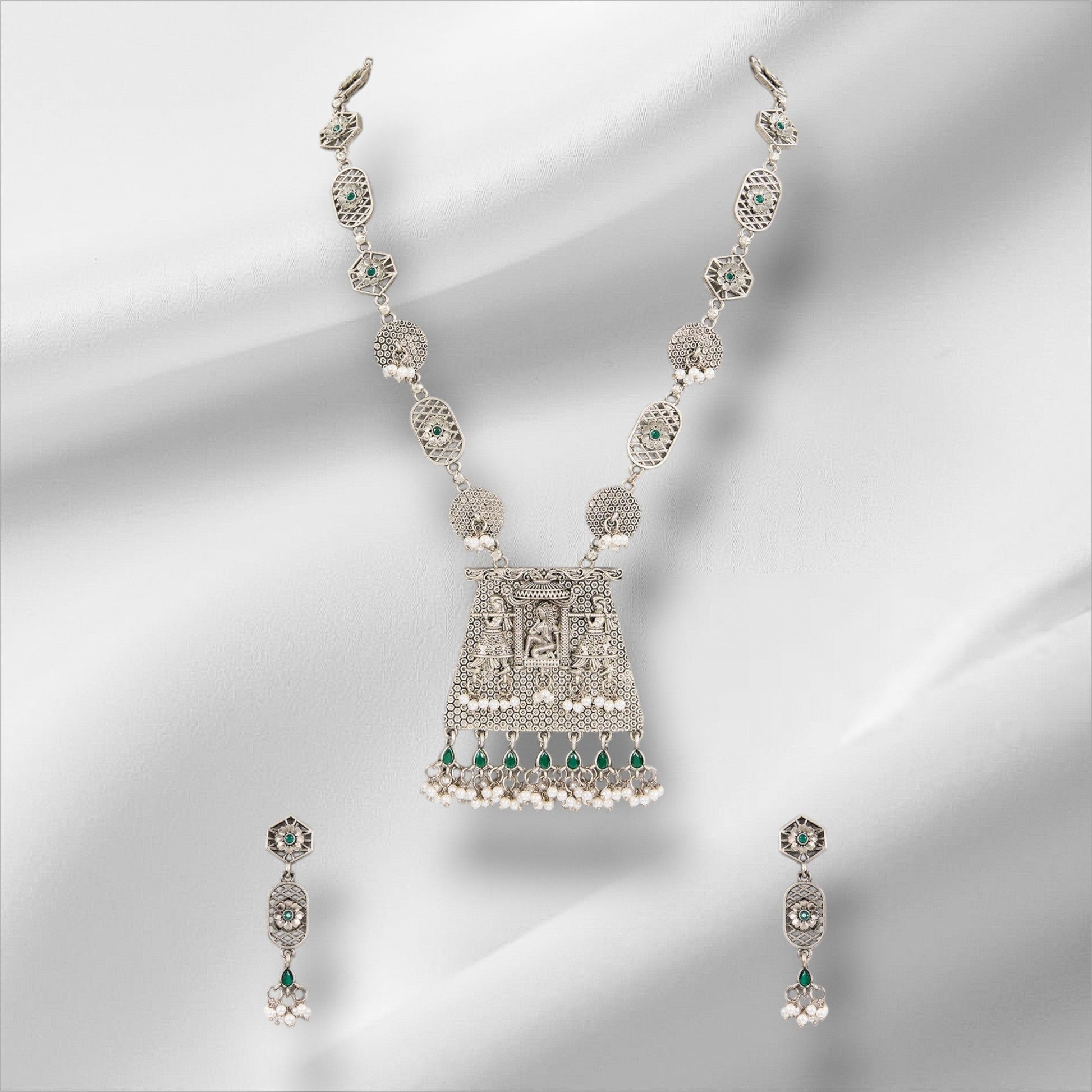 Temple - Inspired Oxidized Silver Necklace Set with Earring - Auraa Trends - Pendant - # - Auraa Trends - Temple - Inspired Oxidized Silver Necklace Set with Earring