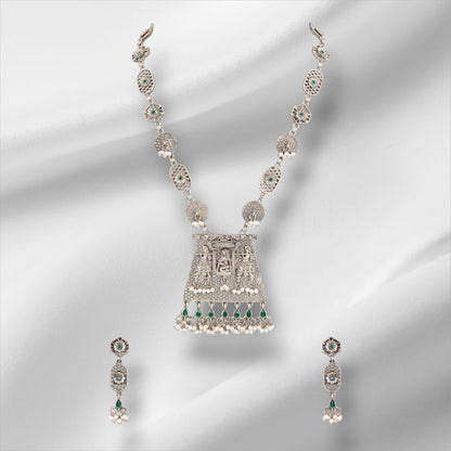 Temple - Inspired Oxidized Silver Necklace Set with Earring - Auraa Trends - Pendant - # - Auraa Trends - Temple - Inspired Oxidized Silver Necklace Set with Earring