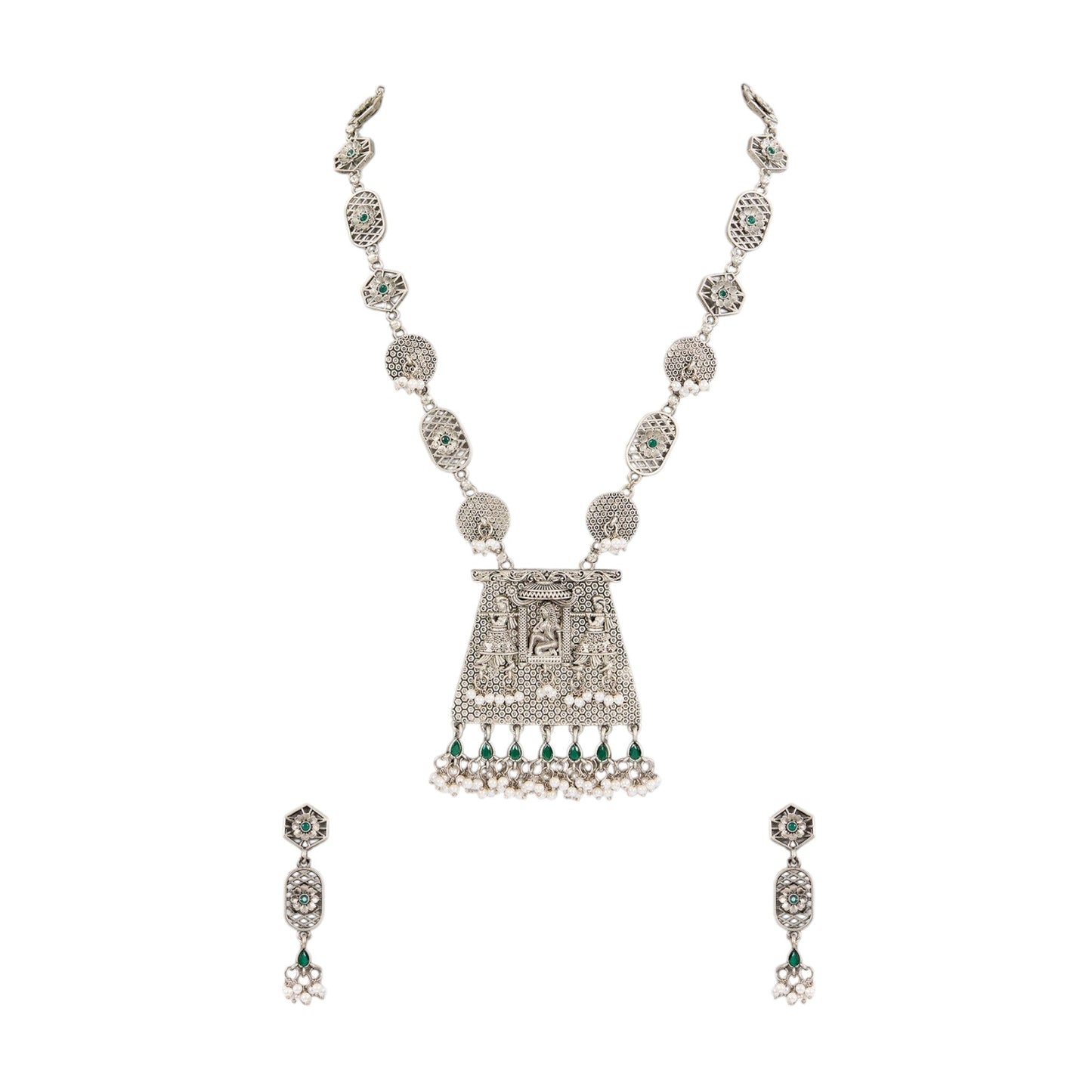 Temple - Inspired Oxidized Silver Necklace Set with Earring - Auraa Trends - Pendant - # - Auraa Trends - Temple - Inspired Oxidized Silver Necklace Set with Earring