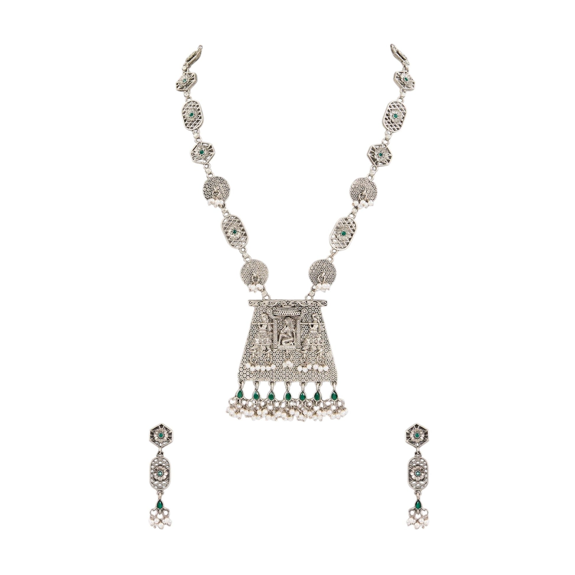 Temple - Inspired Oxidized Silver Necklace Set with Earring - Auraa Trends - Pendant - # - Auraa Trends - Temple - Inspired Oxidized Silver Necklace Set with Earring