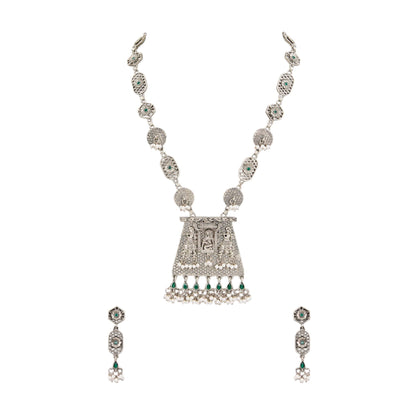 Temple - Inspired Oxidized Silver Necklace Set with Earring - Auraa Trends - Pendant - # - Auraa Trends - Temple - Inspired Oxidized Silver Necklace Set with Earring