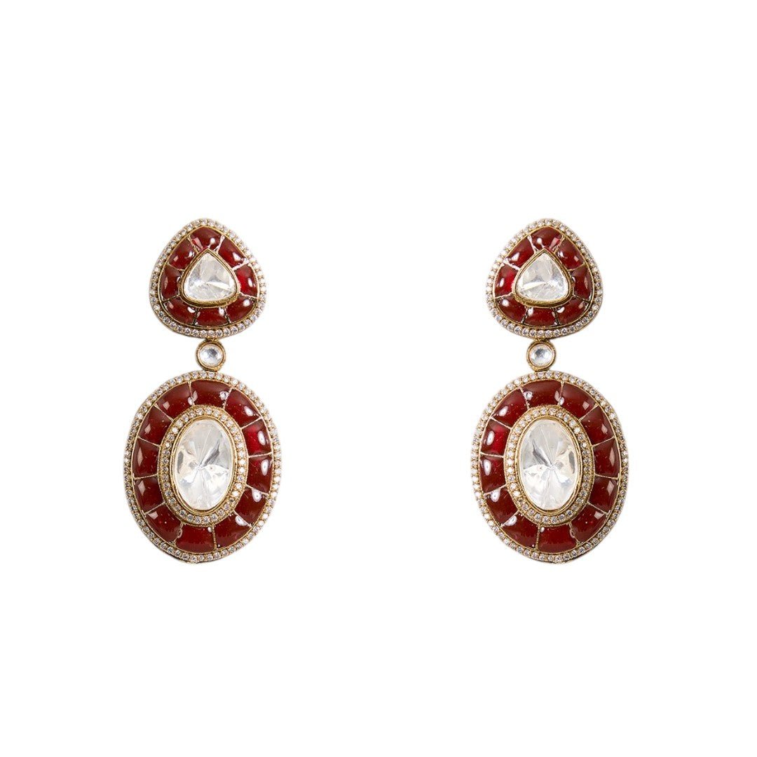 Timeless Red &amp; Kundan Teardrop Necklace Set with Oval Pendant - Auraa Trends - necklace - Timeless Red &amp; Kundan