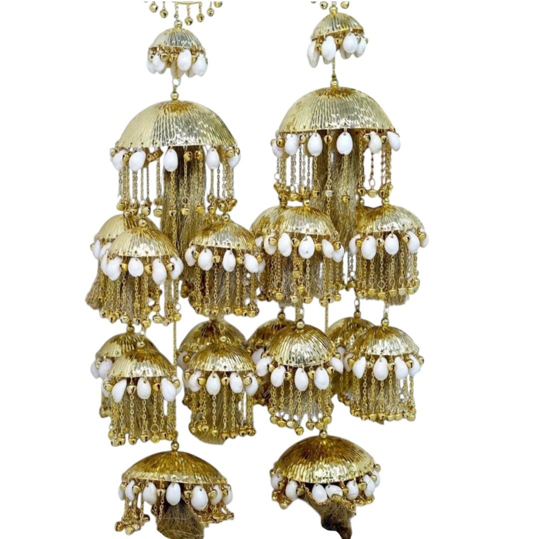 Traditional Bridal Kaleere with White Beads – Micro Gold Plated Punjabi Wedding Ornament - Auraa Trends - Kaleere -  - Auraa Trends - "Traditional Punjabi bridal kalire with micro gold plating and white beads" "Multi - tiered gold plated kalire for Indian bride" "Elegant dulhan wedding accessory with white beads and golden danglers" "Handcrafted Punjabi kalire for wedding ceremonies"