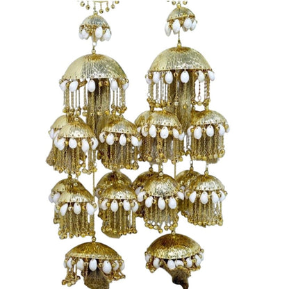 Traditional Bridal Kaleere with White Beads – Micro Gold Plated Punjabi Wedding Ornament - Auraa Trends - Kaleere -  - Auraa Trends - "Traditional Punjabi bridal kalire with micro gold plating and white beads" "Multi - tiered gold plated kalire for Indian bride" "Elegant dulhan wedding accessory with white beads and golden danglers" "Handcrafted Punjabi kalire for wedding ceremonies"