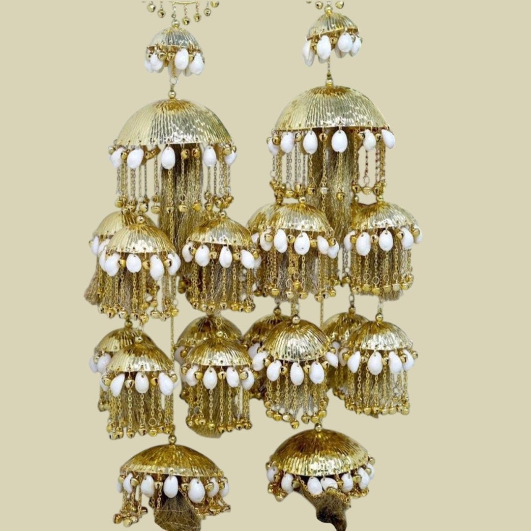 Traditional Bridal Kaleere with White Beads – Micro Gold Plated Punjabi Wedding Ornament - Auraa Trends - Kaleere -  - Auraa Trends - "Traditional Punjabi bridal kalire with micro gold plating and white beads" "Multi - tiered gold plated kalire for Indian bride" "Elegant dulhan wedding accessory with white beads and golden danglers" "Handcrafted Punjabi kalire for wedding ceremonies"