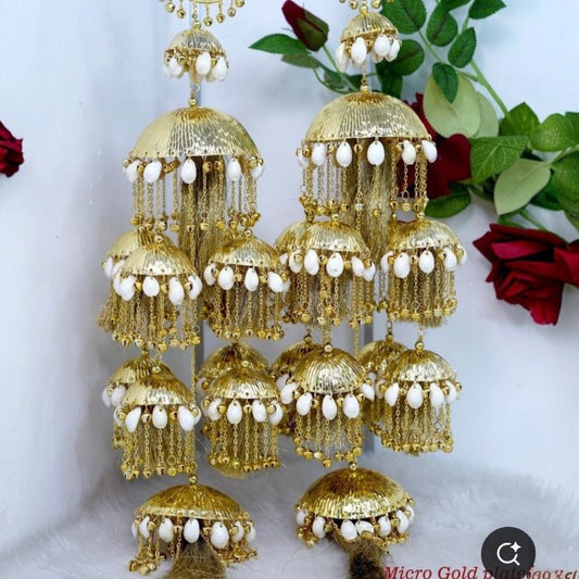 Traditional Bridal Kaleere with White Beads – Micro Gold Plated Punjabi Wedding Ornament - Auraa Trends - Kaleere -  - Auraa Trends - "Traditional Punjabi bridal kalire with micro gold plating and white beads" "Multi - tiered gold plated kalire for Indian bride" "Elegant dulhan wedding accessory with white beads and golden danglers" "Handcrafted Punjabi kalire for wedding ceremonies"