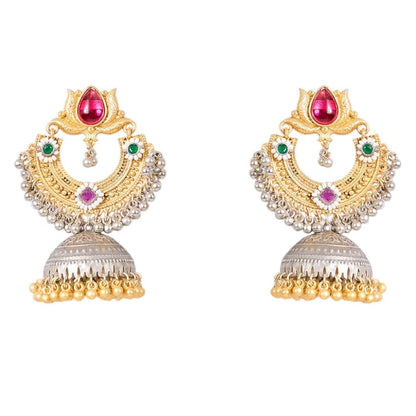 Traditional Dual - Tone Temple Jhumka Earrings with Pearl Detailing - Auraa Trends - Earrings -  - Auraa Trends - "Traditional dual - tone temple jhumka earrings with red, green, and purple stones, dome - shaped base and lotus motif for festive and ethnic wear."