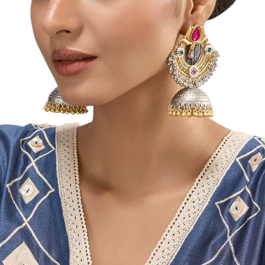 Traditional Dual - Tone Temple Jhumka Earrings with Pearl Detailing - Auraa Trends - Earrings -  - Auraa Trends - "Traditional dual - tone temple jhumka earrings with red, green, and purple stones, dome - shaped base and lotus motif for festive and ethnic wear."