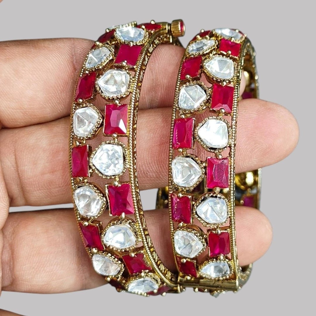 Traditional Gold - Plated Bangles with Ruby Red & Kundan White Stones - Auraa Trends - Bangles -  - Auraa Trends - Pair of gold - plated traditional bangles with ruby red and white kundan stones