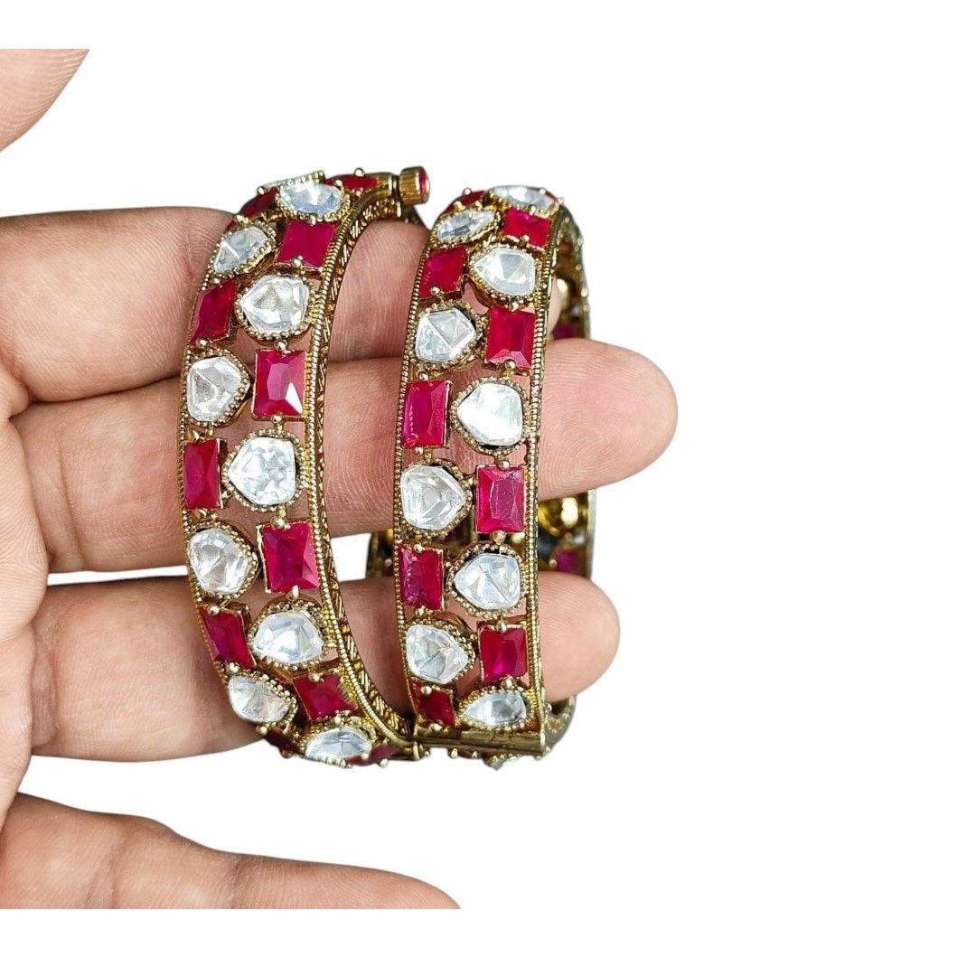 Traditional Gold - Plated Bangles with Ruby Red & Kundan White Stones - Auraa Trends - Bangles -  - Auraa Trends - Pair of gold - plated traditional bangles with ruby red and white kundan stones