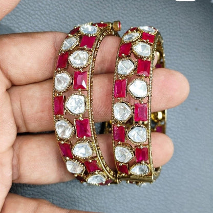 Traditional Gold - Plated Bangles with Ruby Red & Kundan White Stones - Auraa Trends - Bangles -  - Auraa Trends - Pair of gold - plated traditional bangles with ruby red and white kundan stones