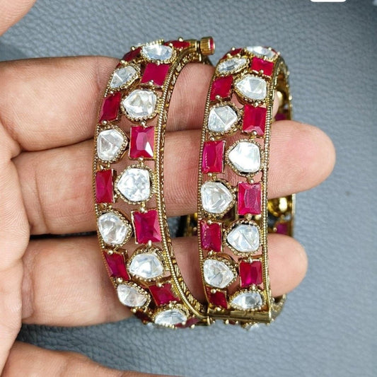 Traditional Gold - Plated Bangles with Ruby Red & Kundan White Stones - Auraa Trends - Bangles -  - Auraa Trends - Pair of gold - plated traditional bangles with ruby red and white kundan stones