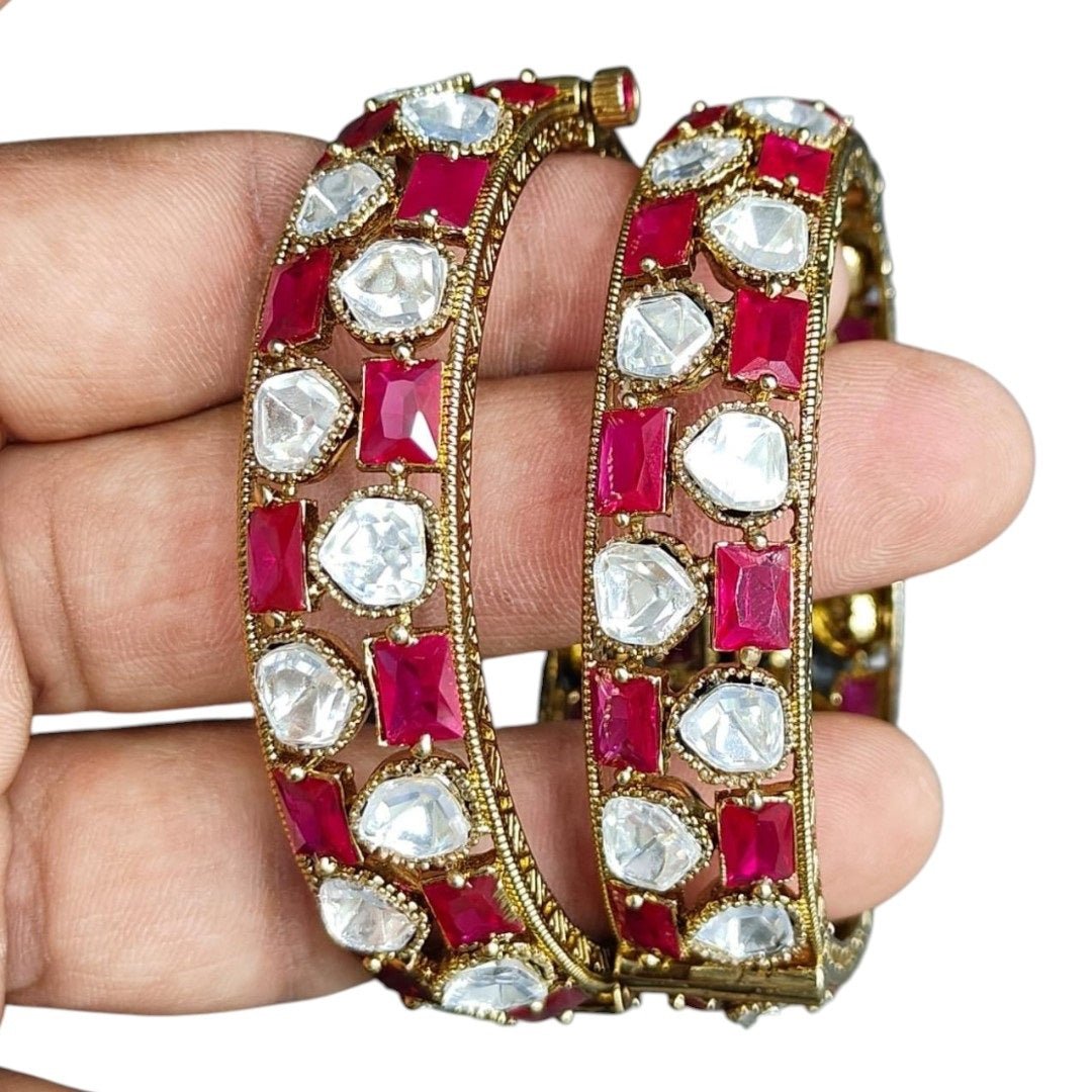 Traditional Gold - Plated Bangles with Ruby Red & Kundan White Stones - Auraa Trends - Bangles -  - Auraa Trends - Pair of gold - plated traditional bangles with ruby red and white kundan stones
