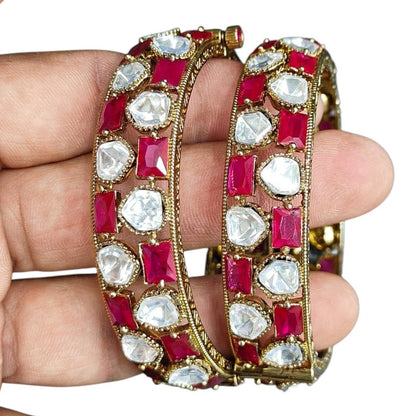 Traditional Gold - Plated Bangles with Ruby Red & Kundan White Stones - Auraa Trends - Bangles -  - Auraa Trends - Pair of gold - plated traditional bangles with ruby red and white kundan stones