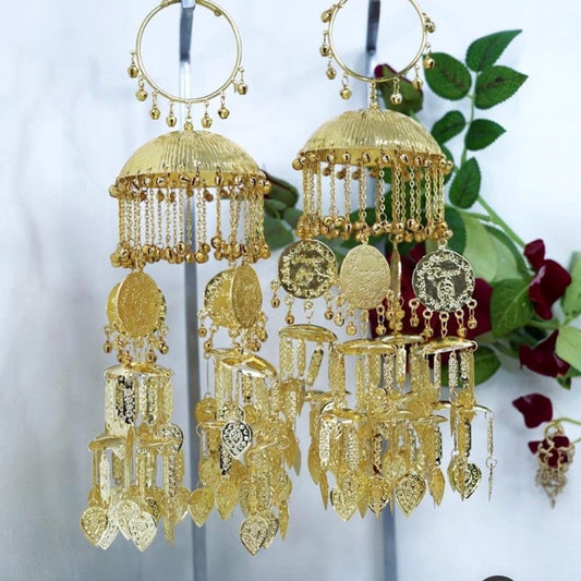 Traditional Gold Plated Bridal Kaleere with Hanging Coins & Leaf Charms - Auraa Trends - Kaleere -  - Auraa Trends - "Traditional gold - plated bridal kaleere with dome top, hanging coins, and leaf charms, perfect for Punjabi weddings."