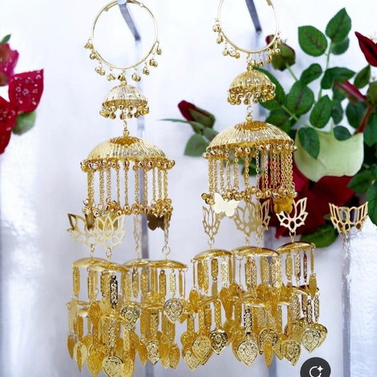 Traditional Gold - Plated Bridal Kaleere with Lotus & Butterfly Charms - Auraa Trends - Kaleere -  - Auraa Trends - "Gold - plated bridal kaleere with lotus and butterfly charms, multi - layered design, and intricate hanging leaf patterns – traditional Punjabi wedding accessory"