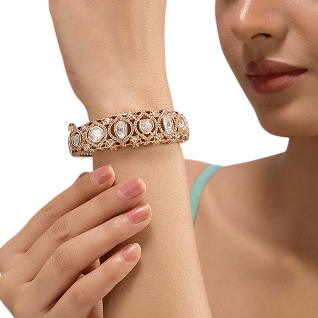 Traditional Gold - Plated Kundan Bangle with Red & White Stones for Women - Auraa Trends - Bangles -  - Auraa Trends - Traditional gold - plated Kundan bangle with white stones and red enamel detailing for women