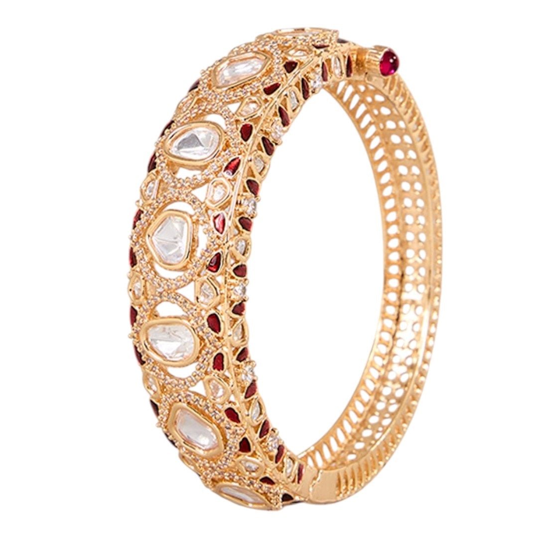 Traditional Gold - Plated Kundan Bangle with Red & White Stones for Women - Auraa Trends - Bangles -  - Auraa Trends - Traditional gold - plated Kundan bangle with white stones and red enamel detailing for women