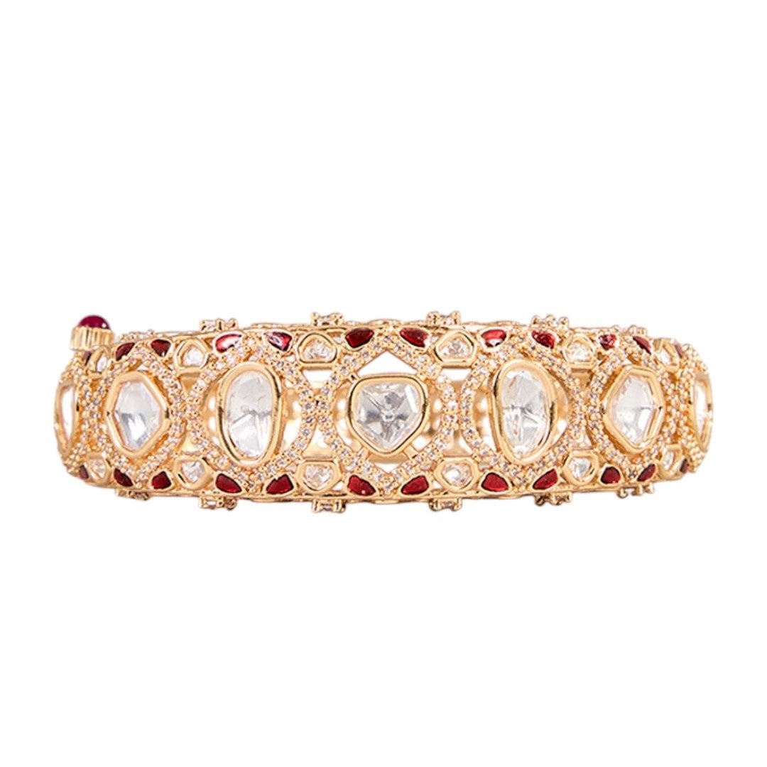 Traditional Gold - Plated Kundan Bangle with Red & White Stones for Women - Auraa Trends - Bangles -  - Auraa Trends - Traditional gold - plated Kundan bangle with white stones and red enamel detailing for women