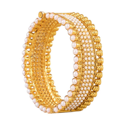 Traditional Gold - Plated Pearl Studded Broad Kada Bangles for Women - Auraa Trends - Bangles -  - Auraa Trends - "Pair of traditional gold - plated broad kada bangles embellished with rows of faux pearls for festive wear"