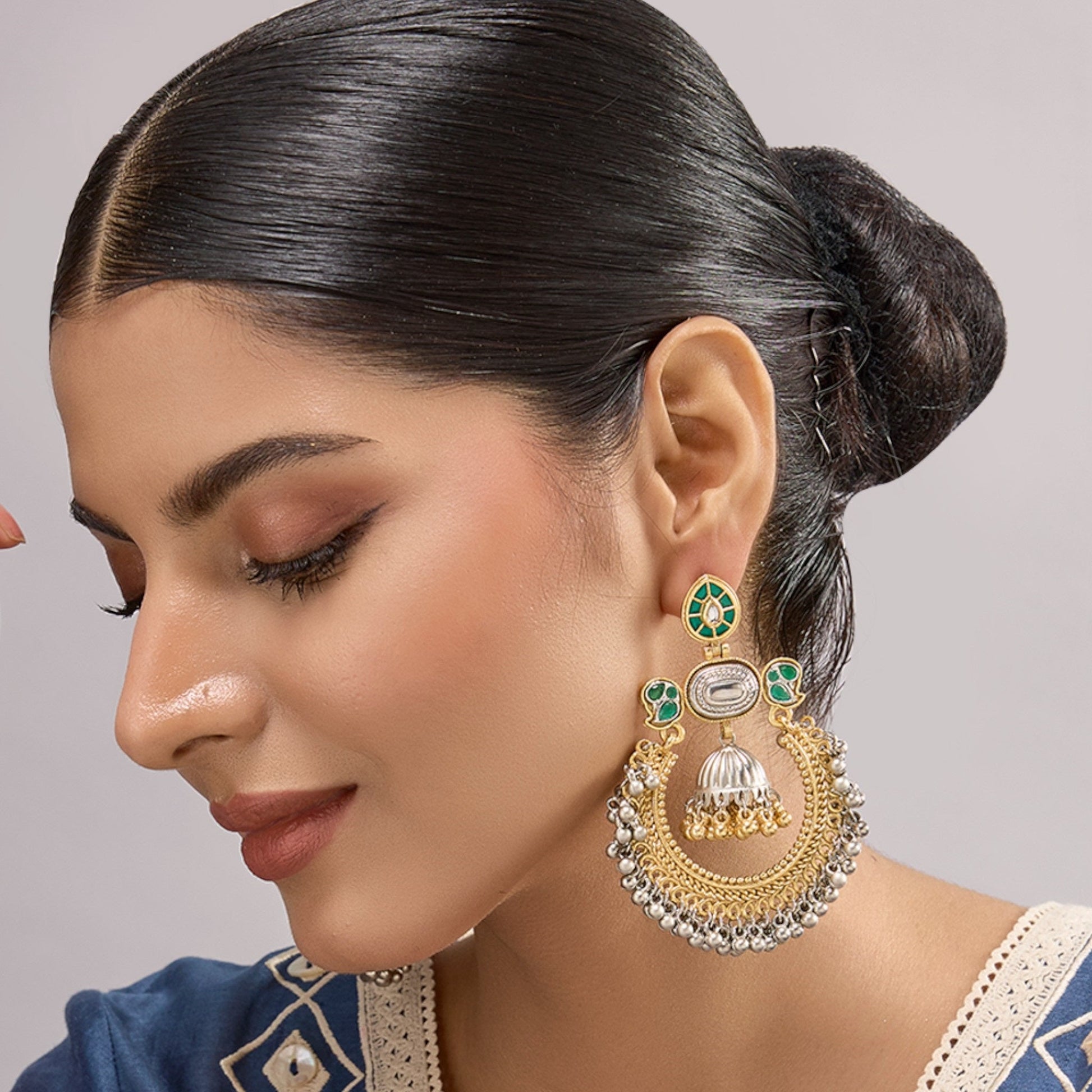 Traditional Gold & Silver - Plated Chandbali Earrings with Green Enamel & Jhumka Drop for Women - Auraa Trends - Earrings -  - Auraa Trends - "Traditional gold and silver - plated chandbali earrings with green enamel detailing and dome - shaped jhumka drops, perfect for weddings and festive wear."
