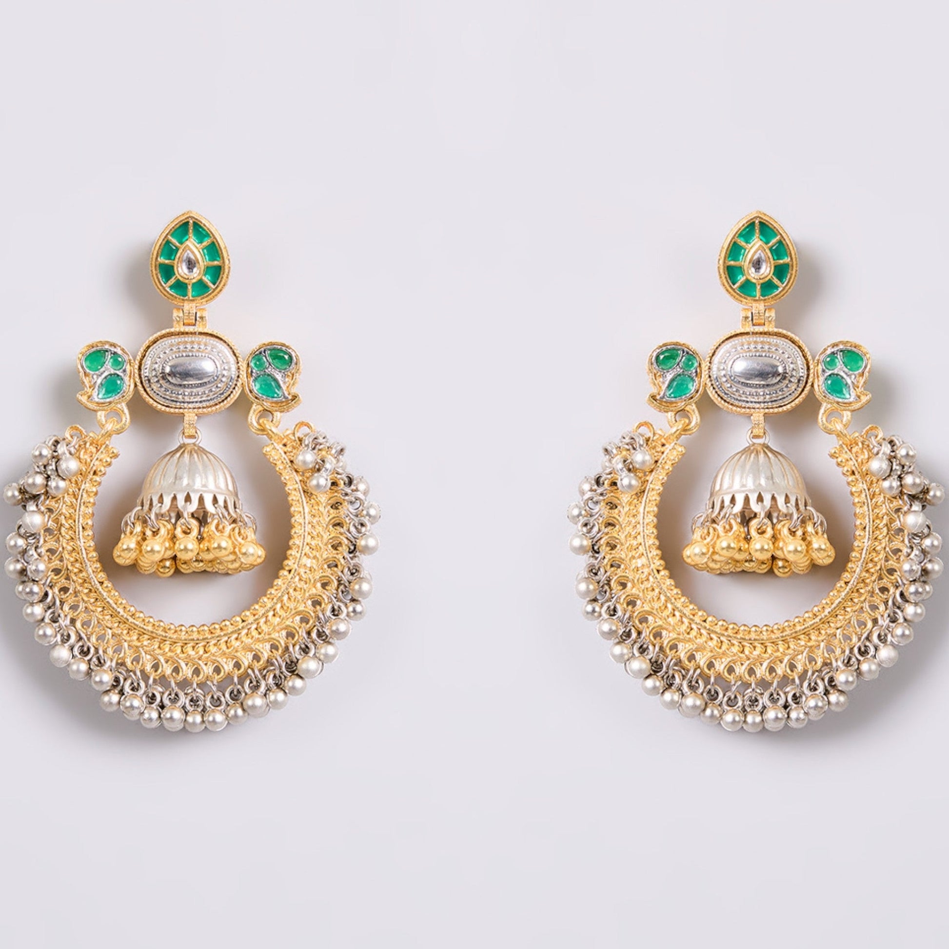 Traditional Gold & Silver - Plated Chandbali Earrings with Green Enamel & Jhumka Drop for Women - Auraa Trends - Earrings -  - Auraa Trends - "Traditional gold and silver - plated chandbali earrings with green enamel detailing and dome - shaped jhumka drops, perfect for weddings and festive wear."