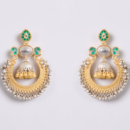 Traditional Gold & Silver - Plated Chandbali Earrings with Green Enamel & Jhumka Drop for Women - Auraa Trends - Earrings -  - Auraa Trends - "Traditional gold and silver - plated chandbali earrings with green enamel detailing and dome - shaped jhumka drops, perfect for weddings and festive wear."