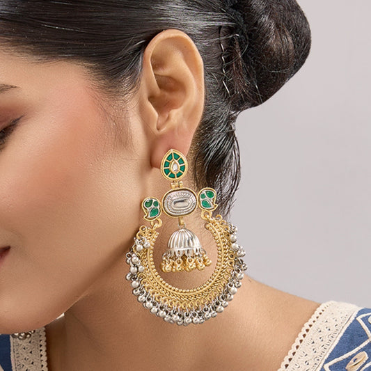 Traditional Gold & Silver - Plated Chandbali Earrings with Green Enamel & Jhumka Drop for Women - Auraa Trends - Earrings -  - Auraa Trends - "Traditional gold and silver - plated chandbali earrings with green enamel detailing and dome - shaped jhumka drops, perfect for weddings and festive wear."