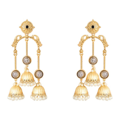 Traditional Gold - Tone Multi Jhumka Earrings with Pearl Drops - Auraa Trends - Earrings with Kaan Chain -  - Auraa Trends - "Gold - tone multi - jhumka earrings with dome - shaped danglers, floral accents, and pearl drop detailing – ethnic Indian statement jewelry."
