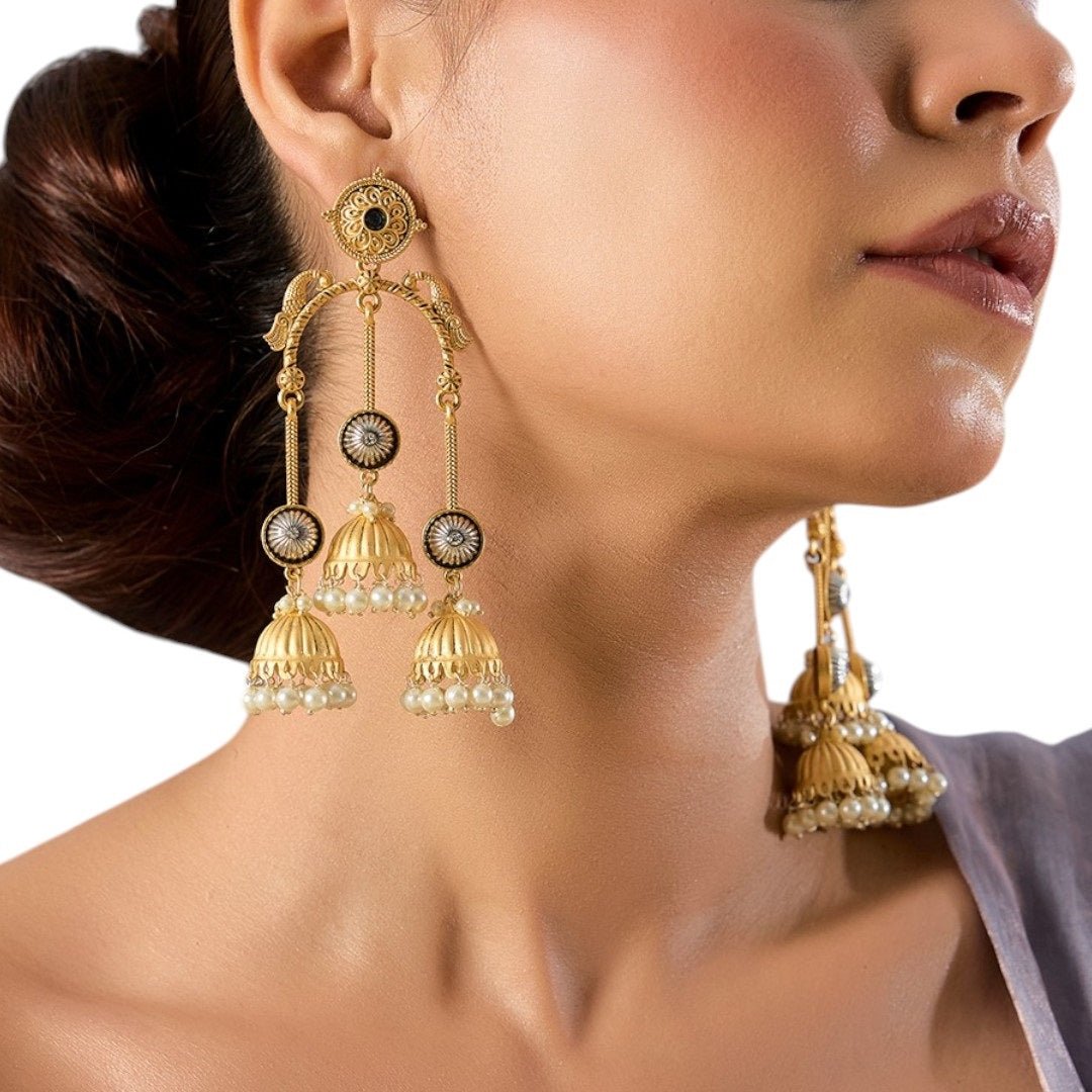 Traditional Gold - Tone Multi Jhumka Earrings with Pearl Drops - Auraa Trends - Earrings with Kaan Chain -  - Auraa Trends - "Gold - tone multi - jhumka earrings with dome - shaped danglers, floral accents, and pearl drop detailing – ethnic Indian statement jewelry."