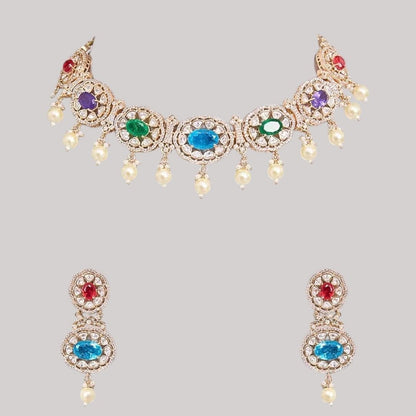 Traditional Gold - Tone Pearl Drop Multicolor Choker Necklace Set with Earrings for Women - Auraa Trends - Necklace Set -  - Auraa Trends - Woman wearing a gold - tone multicolor gemstone choker necklace with pearl drops and matching earrings, styled with an embroidered saree blouse.