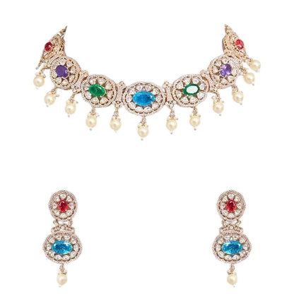 Traditional Gold - Tone Pearl Drop Multicolor Choker Necklace Set with Earrings for Women - Auraa Trends - Necklace Set -  - Auraa Trends - Woman wearing a gold - tone multicolor gemstone choker necklace with pearl drops and matching earrings, styled with an embroidered saree blouse.
