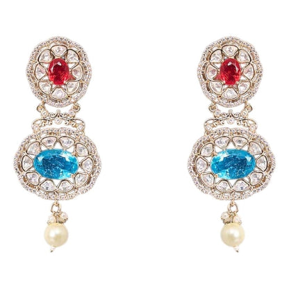 Traditional Gold - Tone Pearl Drop Multicolor Choker Necklace Set with Earrings for Women - Auraa Trends - Necklace Set -  - Auraa Trends - Woman wearing a gold - tone multicolor gemstone choker necklace with pearl drops and matching earrings, styled with an embroidered saree blouse.