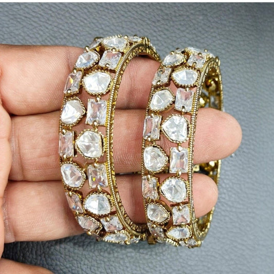 Traditional Kundan Stone Gold - Plated Bangles with White & Pink Polki Work for Women - Auraa Trends - Bangles -  - Auraa Trends - Gold - plated kundan bangles with white and pink polki stones – traditional bridal jewelry for women
