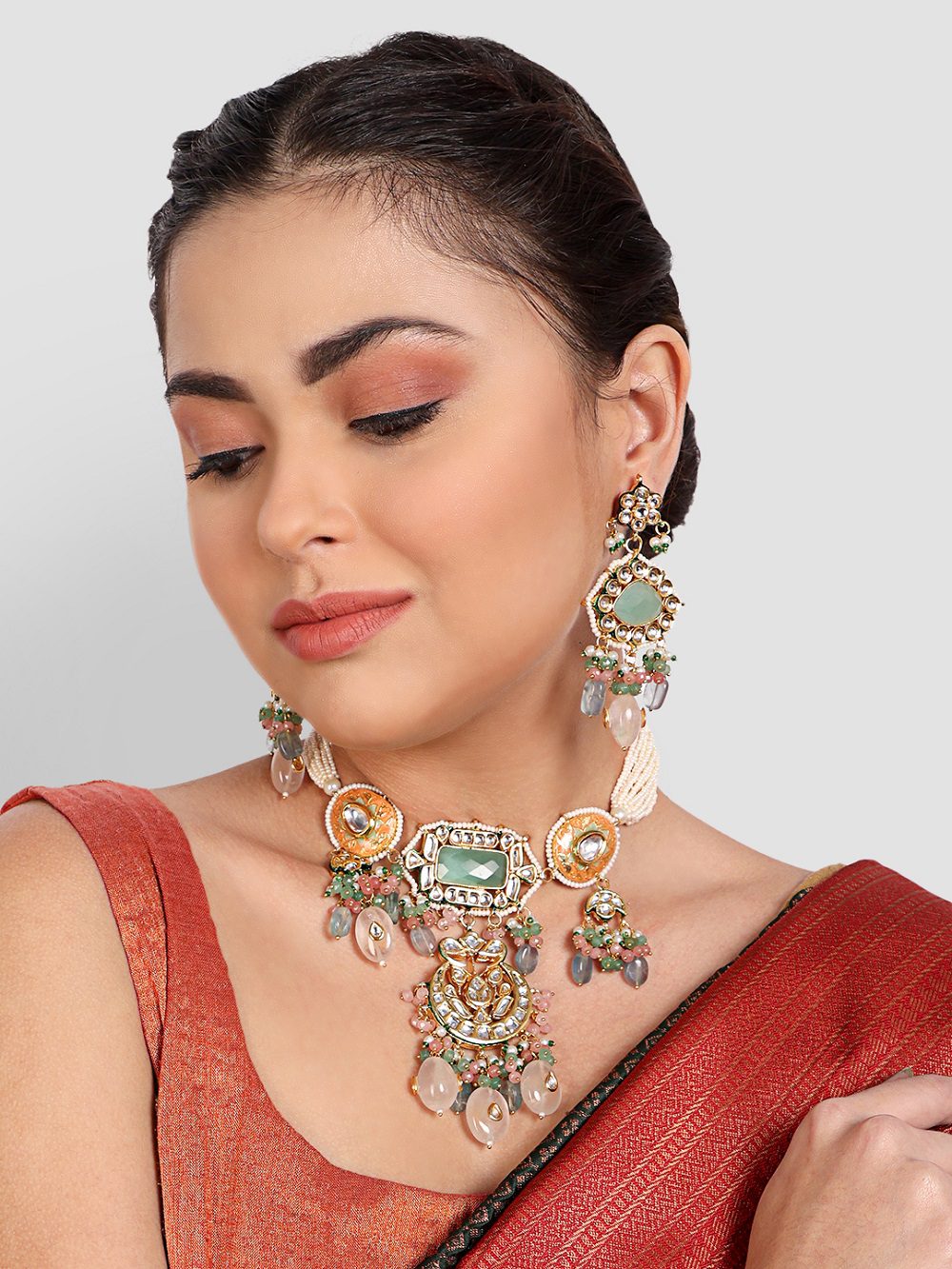Traditional Multi-Stone Kundan Choker Necklace Set - Auraa Trends - Necklaces - Gold Plated Kundan Choker Necklace Set
