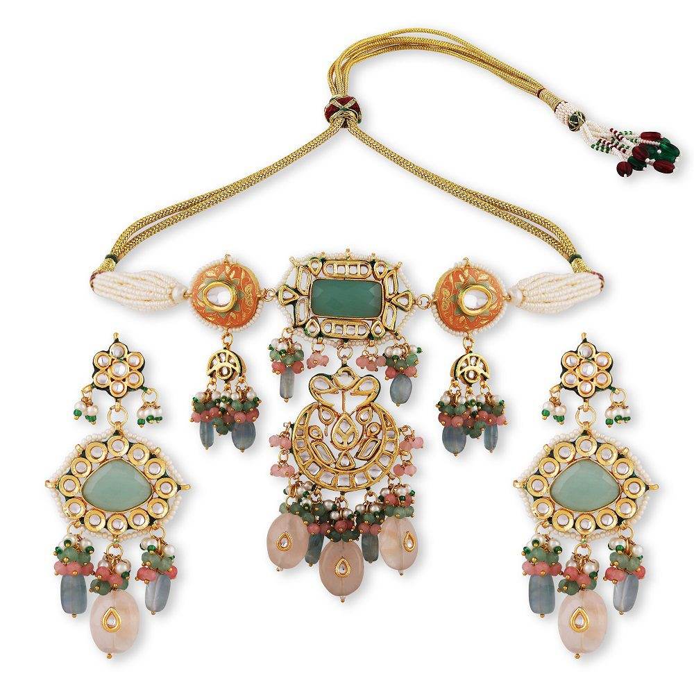 Multi-Stone Kundan Choker Necklace Set with Meenakari