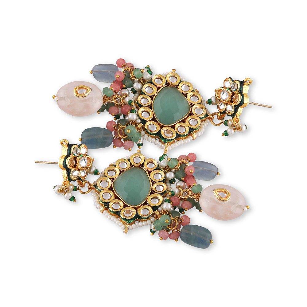 Gold-tone kundan choker necklace with mint green stone, peach meenakari discs and pastel bead drops, shown with matching chandelier earrings