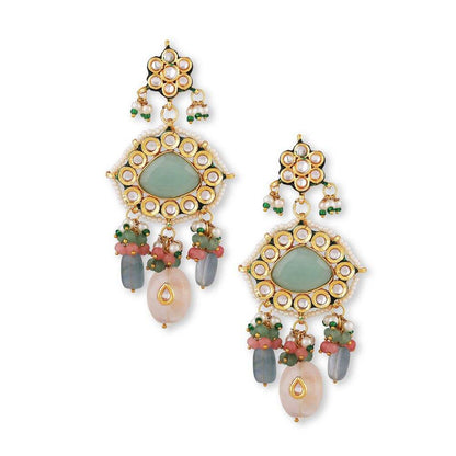 Gold-tone kundan choker necklace with mint green stone, peach meenakari discs and pastel bead drops, shown with matching chandelier earrings
