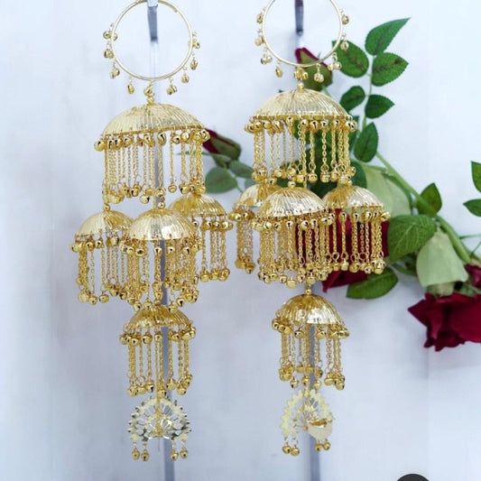 Traditional Punjabi Bridal Kalire with Golden Ghungroo Chains & Lotus Motif - Auraa Trends - Kaleere -  - Auraa Trends - "Traditional Punjabi bridal kalire with lotus motif and golden ghungroo chains" "Multi - tiered gold plated kalire for bride with hanging chains" "Handcrafted bridal wedding accessory with lotus drop design" "Ethnic Punjabi kalire with micro gold plating for Indian weddings