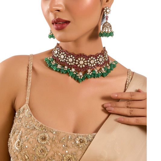Traditional Ruby Pink Floral Kundan Choker Necklace Set with Green Beads and Jhumka Earrings - Auraa Trends - Necklace -  - Auraa Trends - "Ruby pink and white Kundan floral choker necklace set with green beads and matching jhumka earrings" "Traditional Indian bridal choker set with jhumka earrings for festive occasions" "Floral kundan choker with green droplet beads and designer earrings"